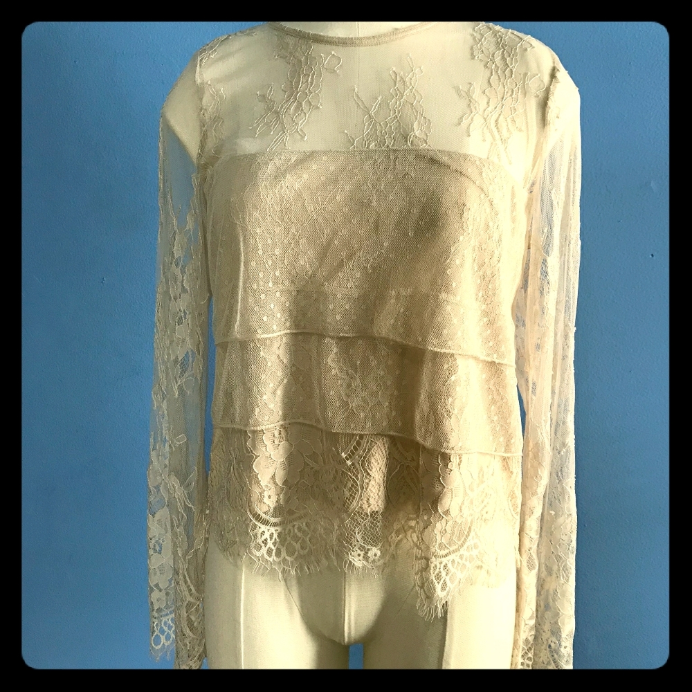 Long Sleeve Lace Zip Up Back Tiered Blouse